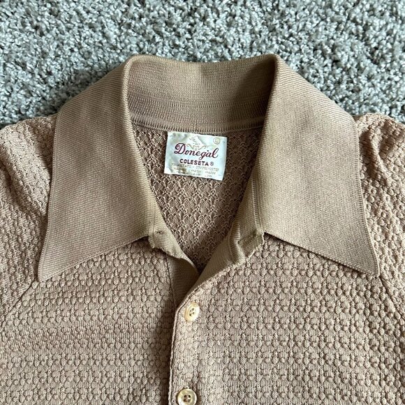 Vintage Donegal Coleseta Mens L Tan Short-Sleeve Retro Polo Shirt Textured Knit - Picture 3 of 7